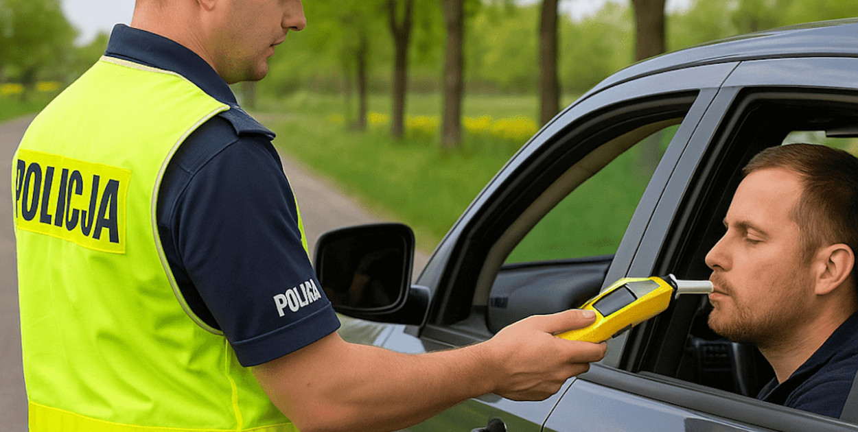 Policjant kontroluje kierowcę – kolejna interwencja przeciw nietrzeźwym na drogach powiatu