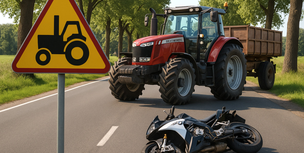 Traktor Massey Ferguson i motocykl BMW po zderzeniu na DK-61 w Gzowie (wizualizacja)