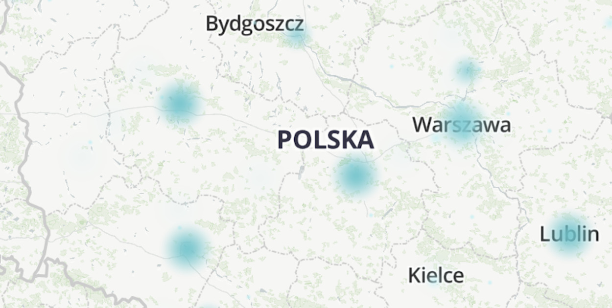 Ta mapa cieplna pokazuje, gdzie w ciągu ostatnich 24 godzin skupiają się zgłoszenia problemów przesłane przez użytkowników.