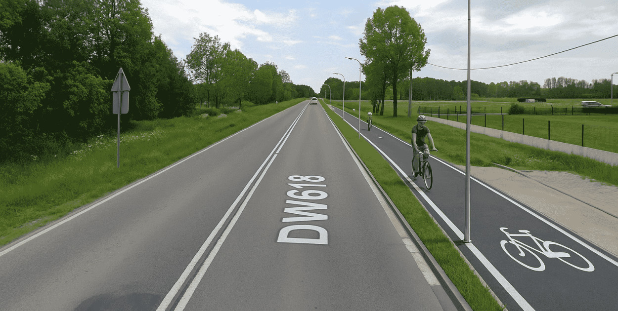 Planowana ścieżka pieszo-rowerowa i odcinek DW 618 z nowym oświetleniem