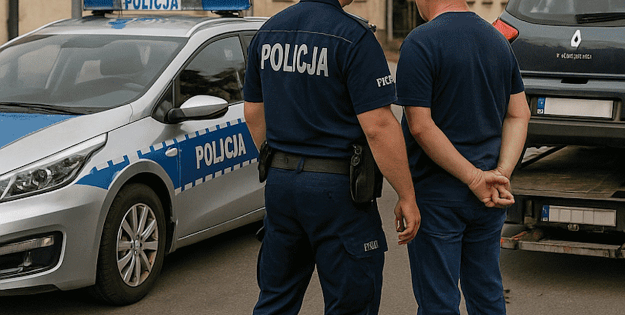 Radiowóz i odholowywany Renault na ul. Mickiewicza po zatrzymaniu kierowcy.