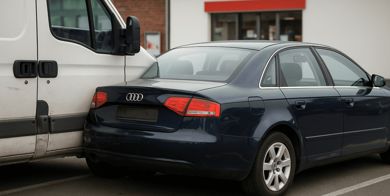 Pijany kierowca audi z 3 promilami uderzył w dostawczaka na parkingu w Pniewie