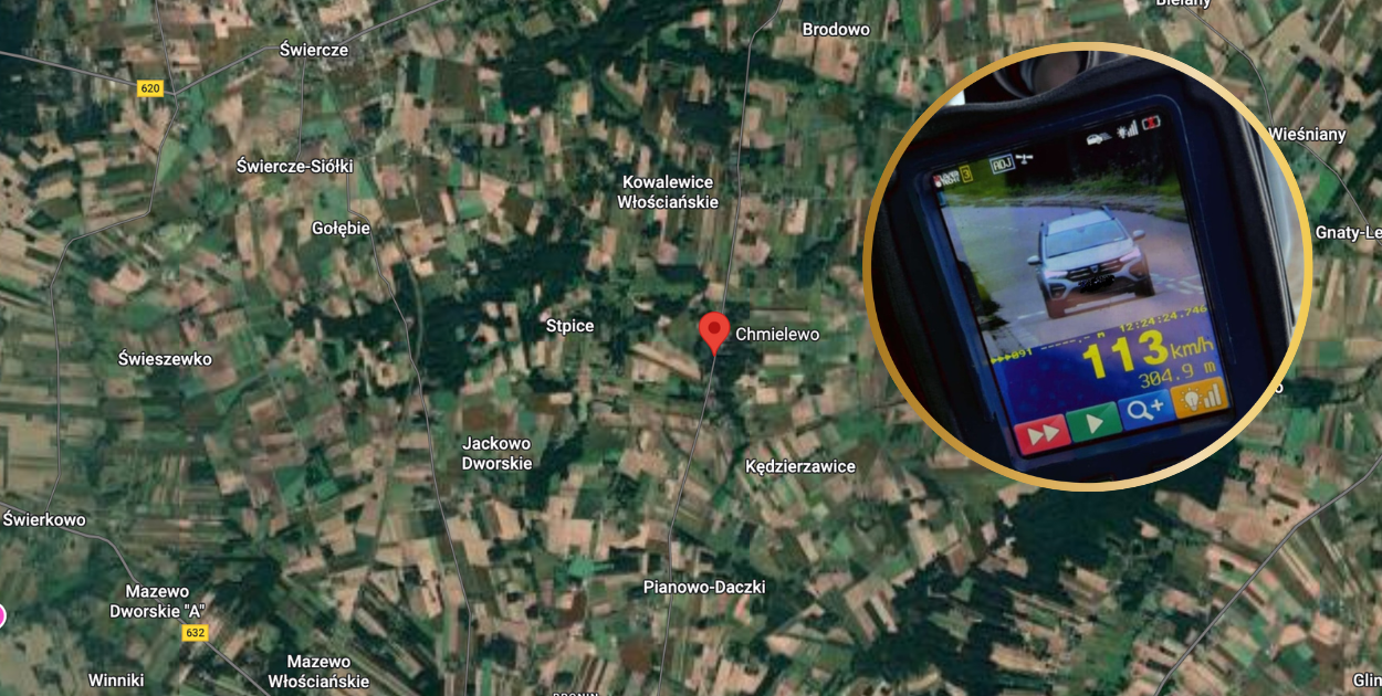 Miejsce kontroli w Chmielewie, gdzie kierowca przekroczył prędkość o 63 km/h