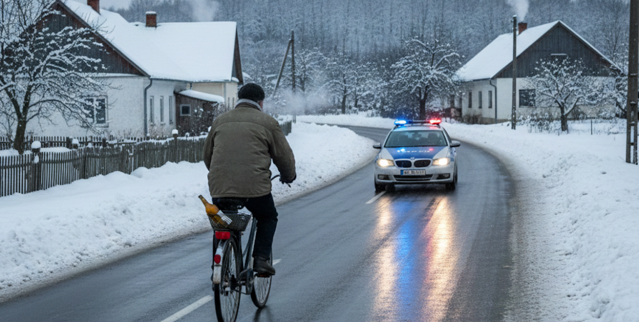 Policyjna kontrola rowerzysty zimą. Alkohol i śliska droga to złe połączenie.
