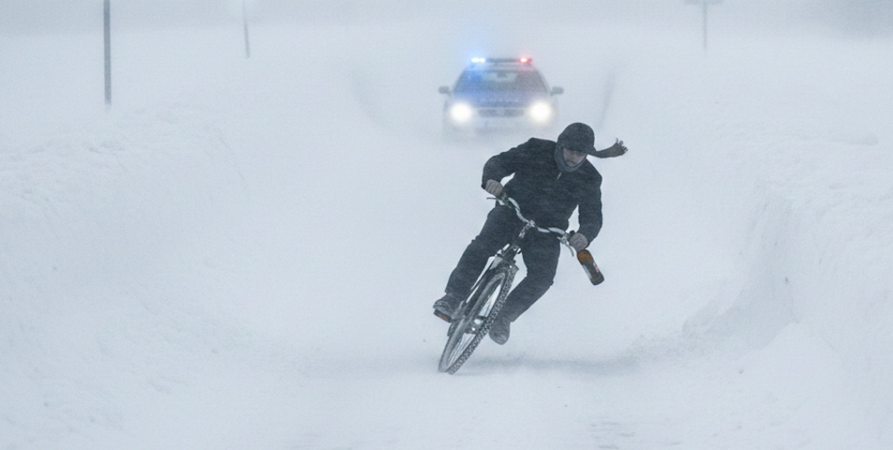 Policyjna kontrola rowerzysty w trudnych, zimowych warunkach drogowych/ AI